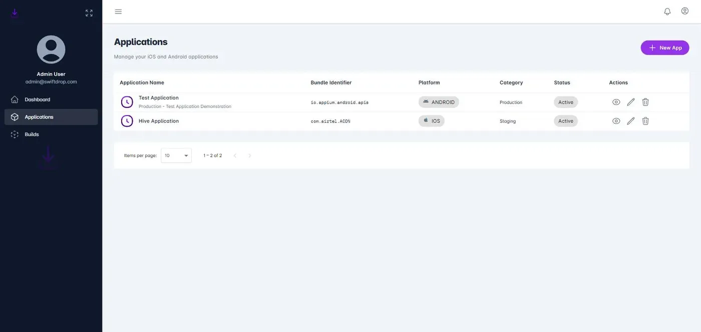 Applications registry — bundle identifier, platform, category, and status per app