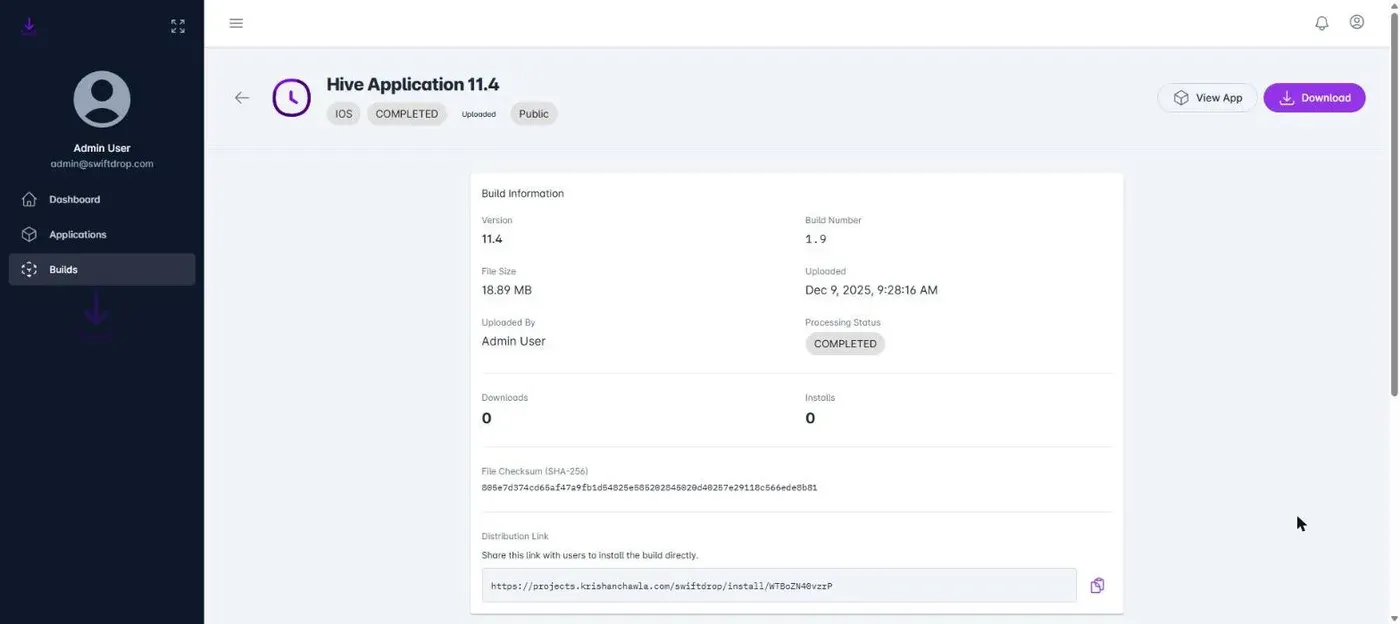 Build detail view — version, checksum, and a shareable direct-install distribution link