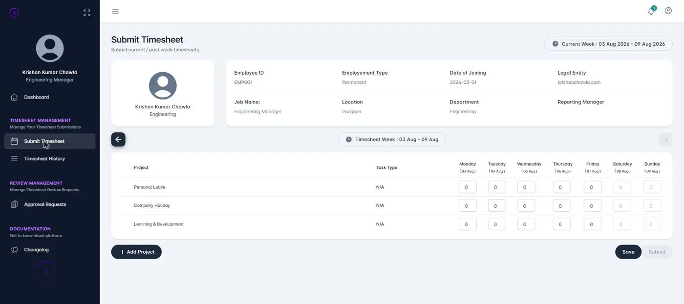 Weekly timesheet submission grid — per-project, per-day effort entry